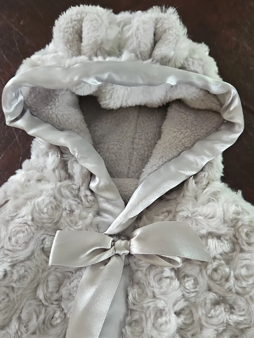 Infant Dressy Cape. Very soft, grey silver in color, easy velcro open/close